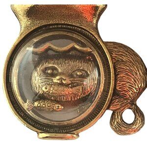 1928 Gold Tone Cat, Clear Lucite Fish Bowl Pin Brooch, M44